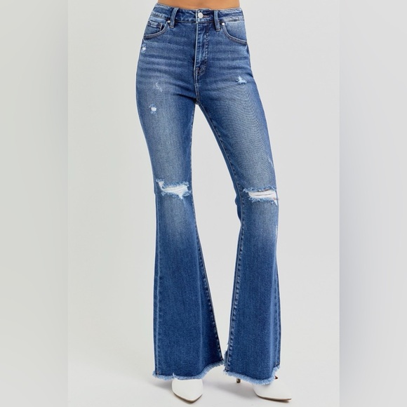RISEN Full Size High Rise Distressed Raw Hem Flare Jeans - Picture 4 of 7